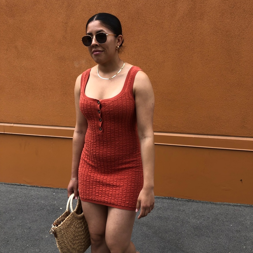 Ribbed Scoop Neck Mini Dress in Burnt Orange